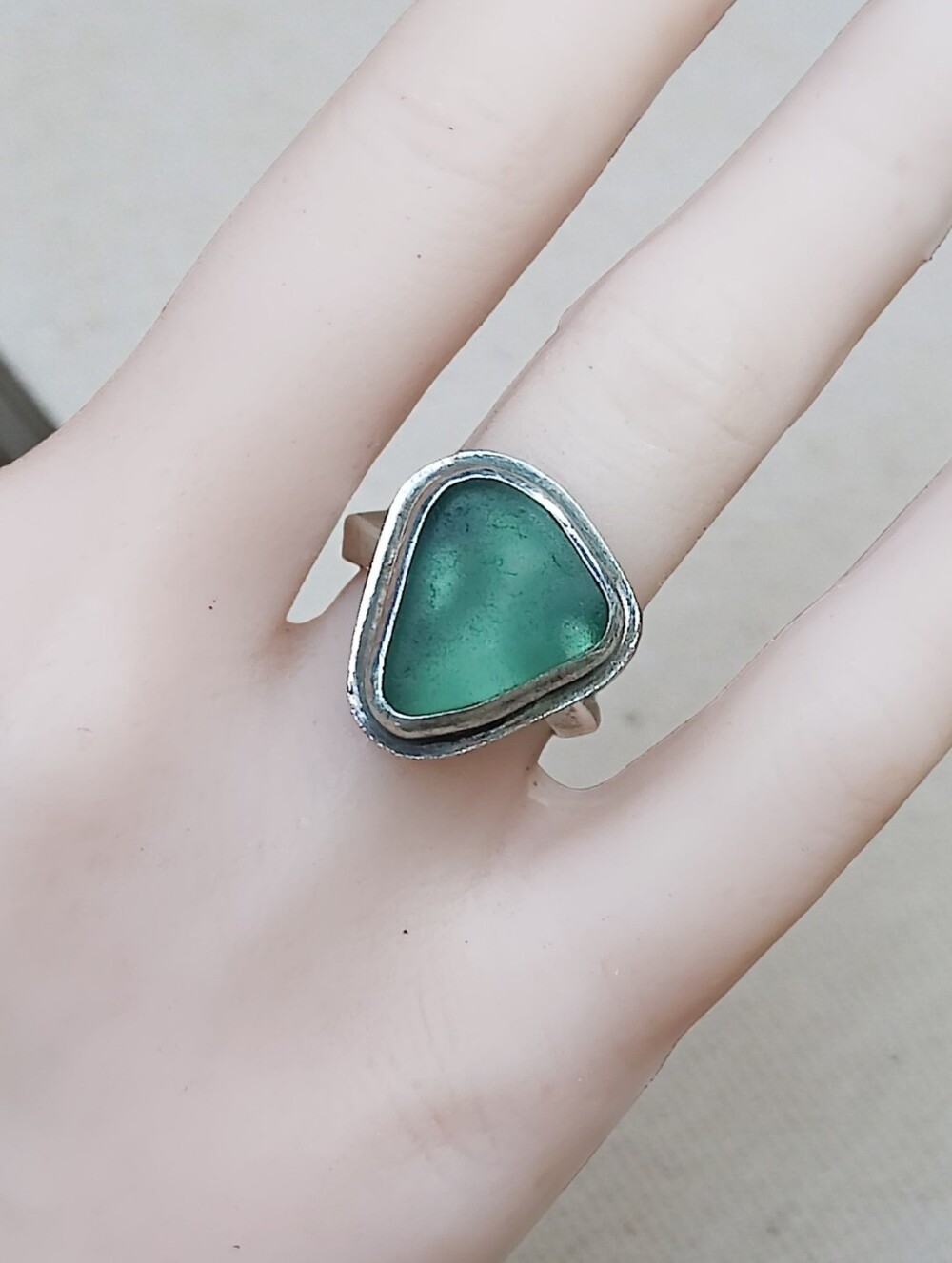 Vintage Artisan Made Sterling Silver Sea Glass Ring